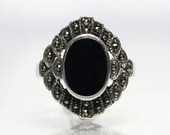 Vintage Black Onyx Ring With Marcasite Size 7 Sterling Silver