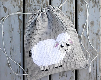 Pattern: Cross-Stitch Lamb Cinch Backpack Crochet Pattern PDF (Crochet sheep backpack Pattern by Yarn + Chai) X-stitch crochet pattern lamb