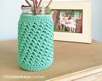 Crochet Pattern - Mason Jar Cozy Cover (Mason Jar Cozy Crochet Pattern by Little Monkeys Crochet) Ball Mason Jar Cover Cozy Crochet Wedding