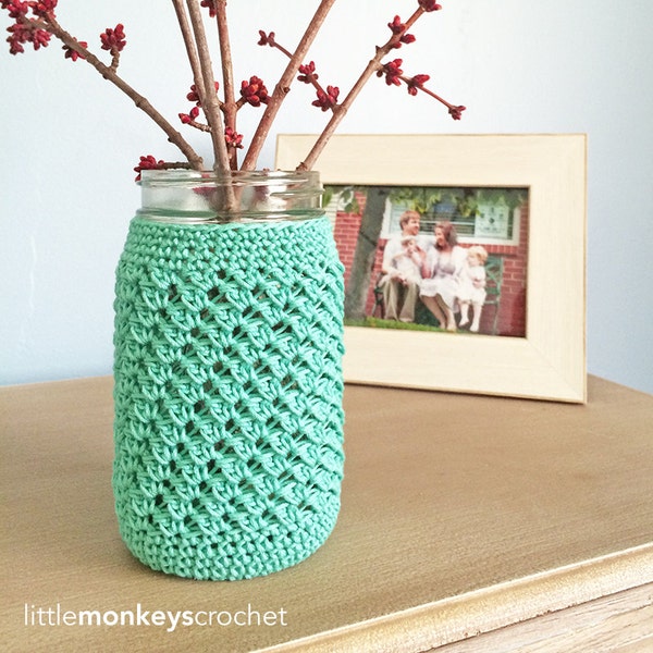 Crochet Pattern - Mason Jar Cozy Cover (Mason Jar Cozy Crochet Pattern by Little Monkeys Crochet) Ball Mason Jar Cover Cozy Crochet Wedding