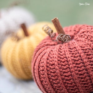Op de afbeelding: Drie gebreide pompoenen in verschillende kleuren: wit, geel en rood. De pompoenen zijn versierd met kaneelstokjes en touw.