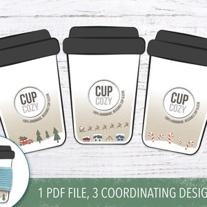 PRINTABLE: Christmas-themed cup cozy template, 3 coordinating designs for printable coffee sleeve inserts, download and print