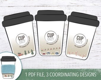 PRINTABLE: Christmas-themed cup cozy template, 3 coordinating designs for printable coffee sleeve inserts, download and print