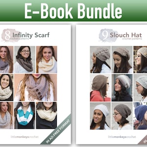 May include: A digital download bundle of crochet patterns for 8 infinity scarves and 9 slouch hats. The image shows a collage of different styles of scarves and hats, all in various colors and textures. The text "IN AD-FREE FORMAT" is displayed on both sides of the image.