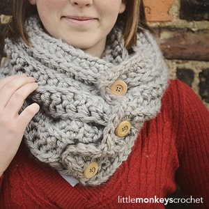 Crochet Pattern - Chunky Ribbed Button Cowl (Cowl Crochet Pattern by Little Monkeys Crochet) Super Bulky Button Cowl, Chunky Crochet Cowl