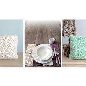 May include: Three crocheted pillows, one white, one green, and one with a brown and purple placemat and a white bowl and cup.