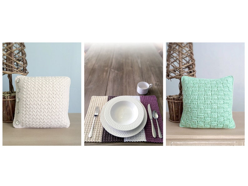 May include: Three crocheted pillows, one white, one green, and one with a brown and purple placemat and a white bowl and cup.