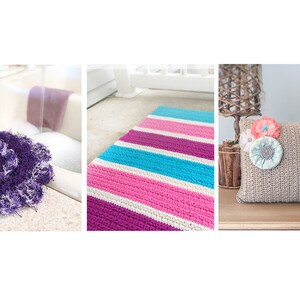 May include: A purple and white crocheted bath pouf, a striped pink, white, and blue crocheted bath mat, and a beige crocheted pillow with pink and blue fabric flowers.