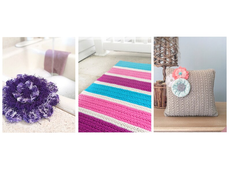 May include: A purple and white crocheted bath pouf, a striped pink, white, and blue crocheted bath mat, and a beige crocheted pillow with pink and blue fabric flowers.