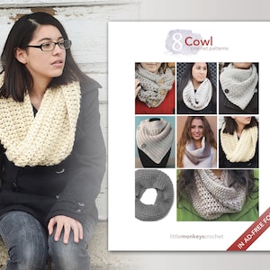 Cowl Crochet Patterns - 8 Pattern E-Book by Little Monkeys Crochet  |  cowl crochet pdf patterns, instant download pdfs, crochet cowl pdf