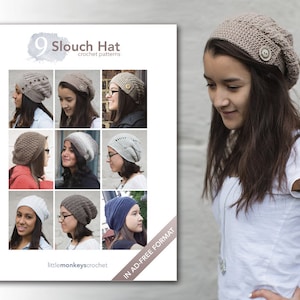 May include: A digital download of 9 crochet patterns for slouch hats. The cover image features a variety of hats in different colors and styles. The text "9 Slouch Hat crochet patterns" is displayed on the cover.