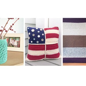 May include: Three crocheted items: a green crocheted jar cover, a red, white, and blue crocheted pillow with buttons, and a striped crocheted blanket in shades of purple, white, brown, and gray.
