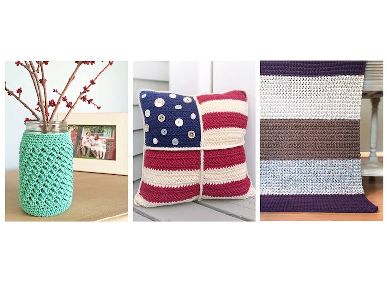 May include: Three crocheted items: a green crocheted jar cover, a red, white, and blue crocheted pillow with buttons, and a striped crocheted blanket in shades of purple, white, brown, and gray.