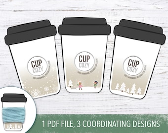 PRINTABLE: Winter-themed cup cozy template, 3 coordinating designs for printable coffee sleeve inserts, download and print