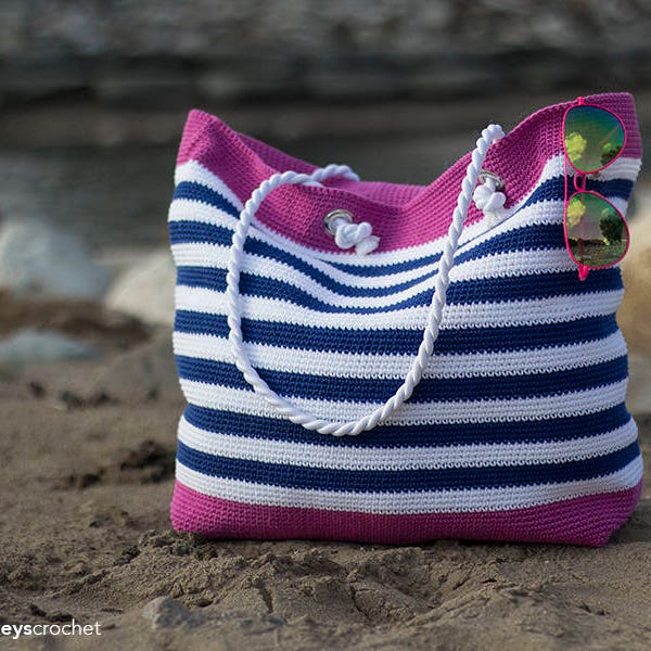 Crochet Beach Bag Pattern, Tote Bag Crochet (Classic Beach Bag Crochet Pattern by Little Monkeys Crochet) Beach Tote Crochet PDF