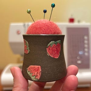 Handmade strawberry ceramic pincushion with felt ball - sewing, crafts