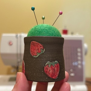 Handmade strawberry ceramic pincushion with felt ball - sewing, crafts