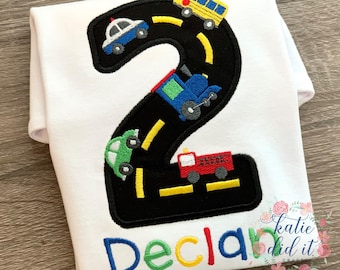 Birthday shirt, applique, transportation, vehicles, cars, trucks, age, boys, girls, personalized, road, embroidery, two fast