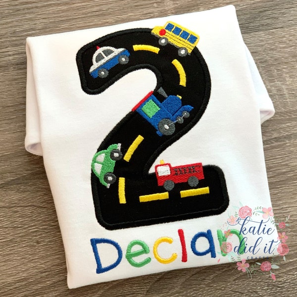 Birthday shirt, applique, transportation, vehicles, cars, trucks, age, boys, girls, personalized, road, embroidery, two fast