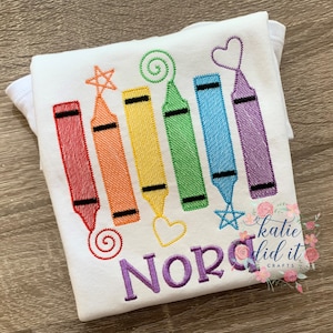 Back to school crayon shirt, sketch embroidery, personalized, girls, boys,  shirt, unisex shirt, school shirt, crayons, embroidered