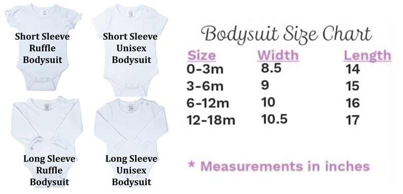a baby bodysuit size chart with measurements