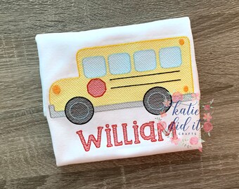 School bus embroidery shirt with name, vehicle shirt, boys truck shirt, truck party, birthday, personalized, sketch, gift, school