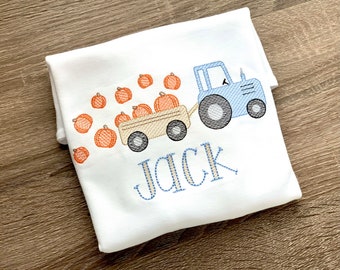 Tractor pumpkin embroidered shirt with monogram, fall shirt, pumpkin shirt, girls tractor shirt, boys pumpkin shirt, tractor shirt