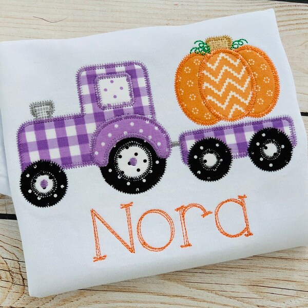 Tractor Applique on Blue Check Romper with Shirt by Petit Ami