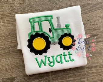 Tractor applique shirt with name, tractor party, boys, farm, girls, green tractor, personalized, , romper, gingham, birthday shirt