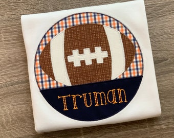 Football appliqué shirt or bodysuit, football shirt, orange, navy, blue team colors, personalized, unisex football shirt