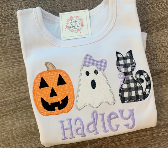 Halloween applique shirt, Girls Halloween shirt, pumpkin, black cat, ghost trio shirt, personalized, jack o lantern