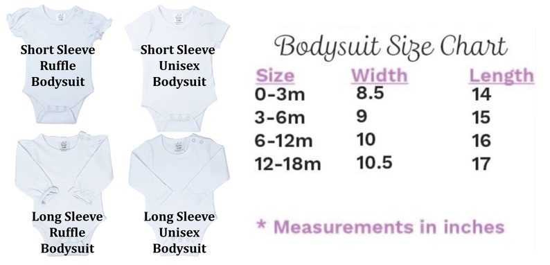 a baby bodysuit size chart with measurements