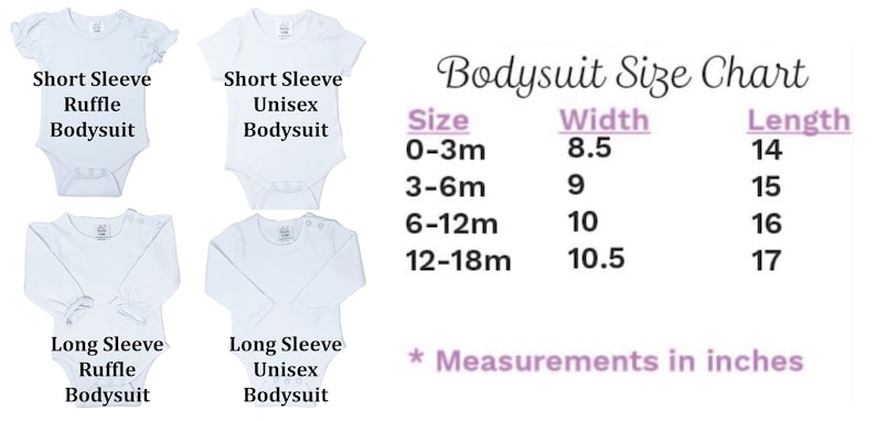 a baby bodysuit size chart with measurements