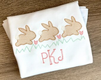 Girls Easter bunnies embroidered shirt or , Girls Easter shirt, Easter bunny applique
