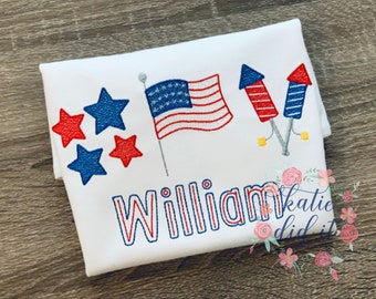 Patriotic embroidered shirt, july 4 shirt, firecrackers, boys, girls, July Fourth,  summer, personalized, flag