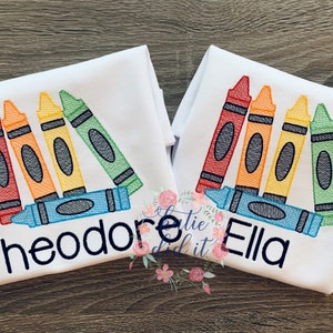 Back to school crayon shirt, sketch embroidery, personalized, girls, boys,  shirt, unisex shirt, school shirt, crayons, embroidered
