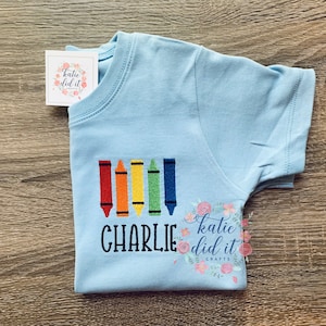Back to school shirt for boys, crayons, left chest placement, embroidered shirts, school embroidery, personalized, school shirts image 1