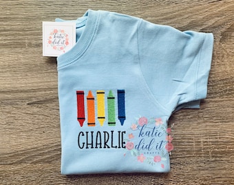 Back to school shirt for boys, crayons, left chest placement, embroidered shirts, school embroidery, personalized, school shirts