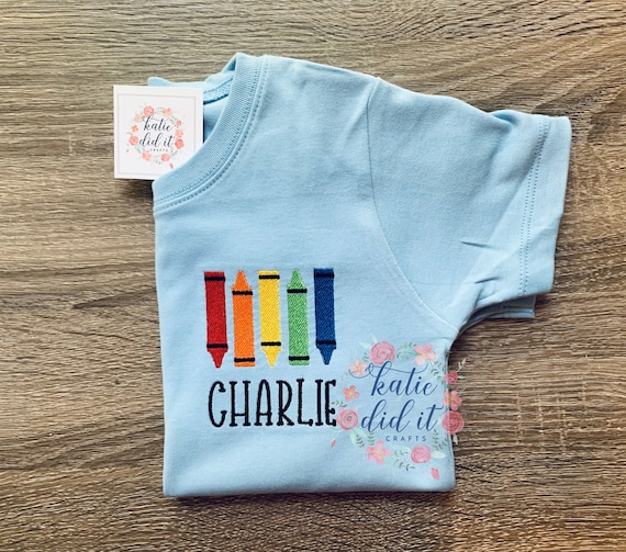 Back to school shirt for boys, crayons, left chest placement, embroidered shirts, school embroidery, personalized, school shirts