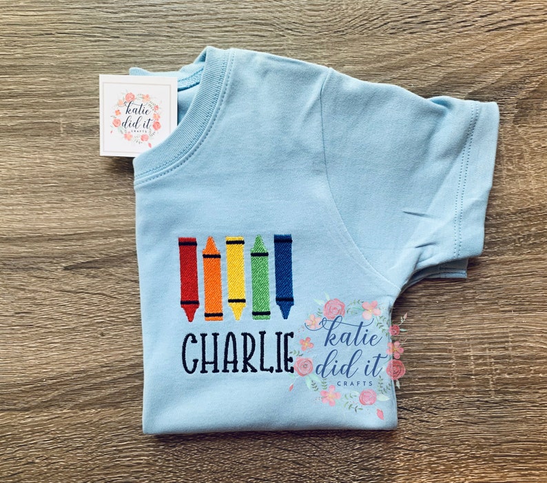 Back to school shirt for boys, crayons, left chest placement, embroidered shirts, school embroidery, personalized, school shirts image 1