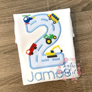 Applique birthday shirt with customizable embroidered transportation vehicles