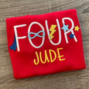 Super hero birthday shirt, name shirt, age shirt, birthday shirt, birthday gift, embroidery, personalized shirt, super heroes