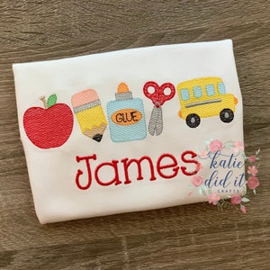 Back to school shirt, sketch embroidery, personalized, girls back to school shirt, boys back to school shirt, school supplies, bus