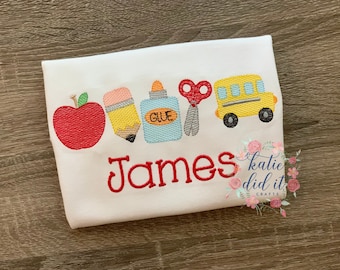Back to school shirt, sketch embroidery, personalized, girls back to school shirt, boys back to school shirt, school supplies, bus