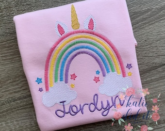 Embroidered Rainbow Unicorn Shirt, Personalized Birthday Party Gift