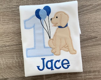 Puppy dog birthday appliqué shirt, dog party, kids party, boys and girls, personalized, blue, balloons