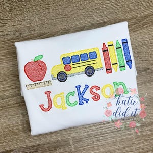Back to school shirt, sketch embroidery, personalized, girls back to school shirt, boys back to school shirt, school supplies, bus