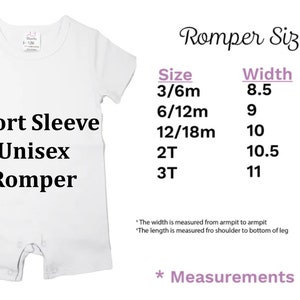 May include: White short-sleeve unisex romper with the text "Short Sleeve Unisex Romper." A size chart shows measurements in inches: width from 8.5 to 11 inches, length from 17 to 21 inches. Sizes range from 3/6m to 3T.
