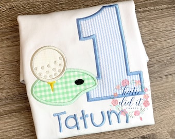 Golf birthday shirt, applique shirt, boys, girls, hole in one theme party, first birthday, seersucker, personalized shirt, kids