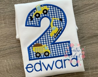 Construction birthday shirt, applique, vehicles, trucks, construction, blue gingham, embroidery, age, boys, girls, personalized, shirts